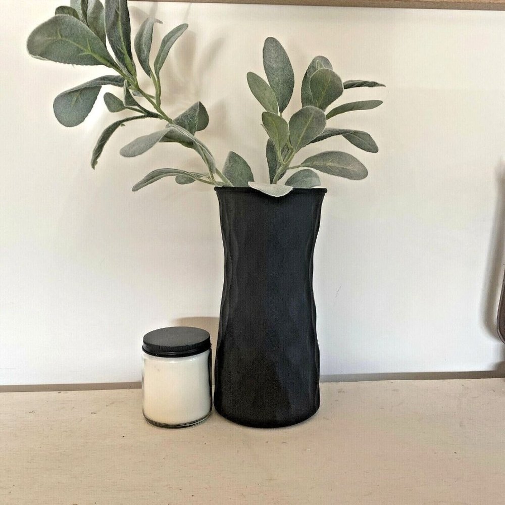 Modern Matte Black Flower Vase Glass Hand Painted Wavy Design 9.75" Boho Chic